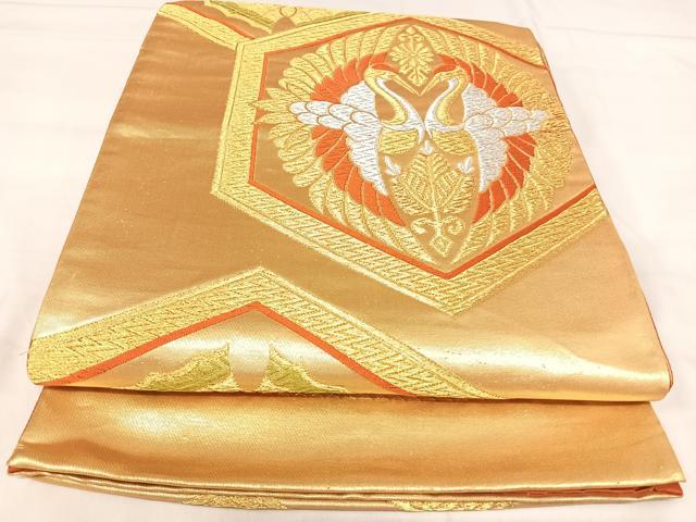 平和屋着物◎六通柄袋帯 唐織 双鶴亀甲文 金銀糸 正絹 逸品 AABJ0495yx