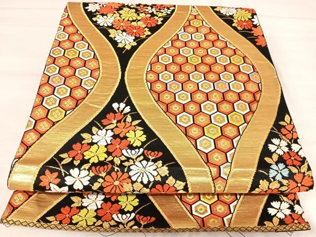 平和屋着物◎六通柄袋帯 唐織 立涌花文 黒地 金糸 正絹 逸品 AABJ0499yx