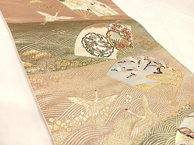 平和屋着物◎綴れ 六通柄袋帯 唐織 作家物 扇面飛鶴文 金糸 正絹 逸品 AABJ0502yx