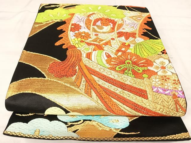 平和屋着物◎六通柄袋帯 唐織 吉祥松文 黒地 金糸 正絹 逸品 AABJ0522yx