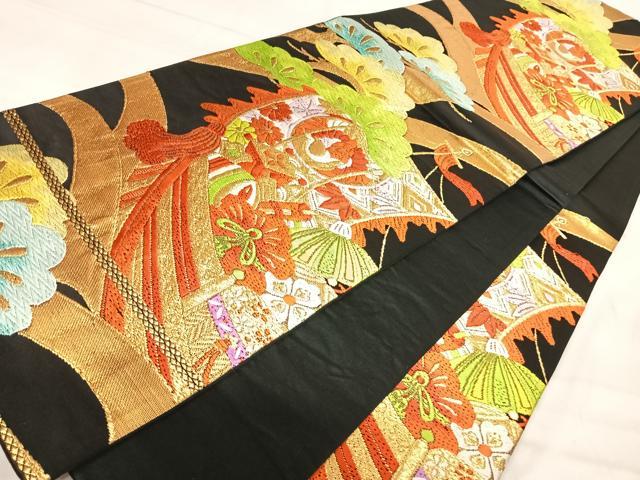 平和屋着物◎六通柄袋帯 唐織 吉祥松文 黒地 金糸 正絹 逸品 AABJ0522yx
