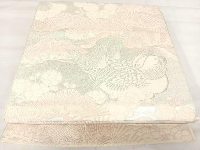 平和屋着物◎六通柄袋帯 唐織 鴛鴦梅松文 銀糸 正絹 逸品 AABJ0523yx