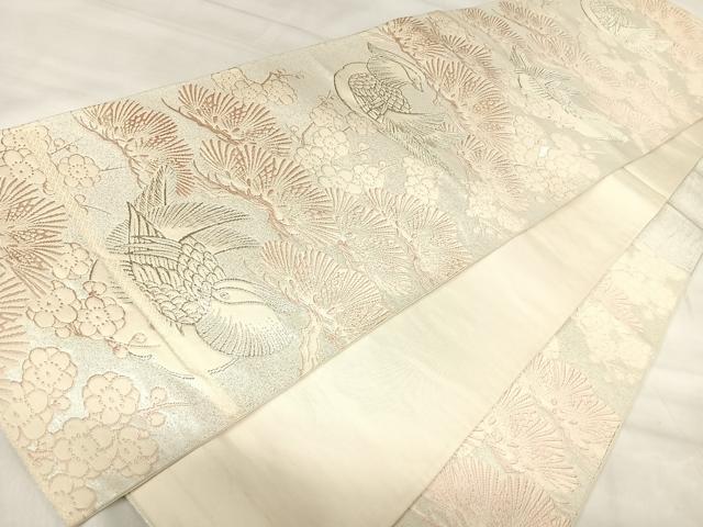 平和屋着物◎六通柄袋帯 唐織 鴛鴦梅松文 銀糸 正絹 逸品 AABJ0523yx