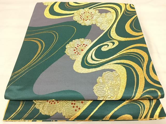 平和屋着物◎六通柄袋帯 唐織 流水桜 金糸 正絹 逸品 AABJ0529yx
