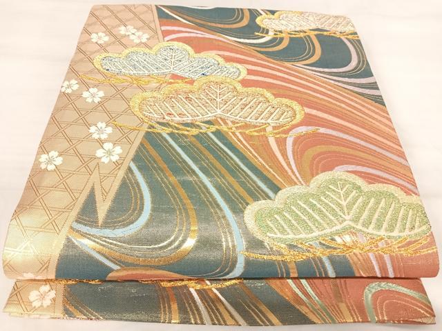 平和屋着物◎佐賀錦 六通柄袋帯 唐織 流水松文 金糸 正絹 逸品 AABJ0531yx