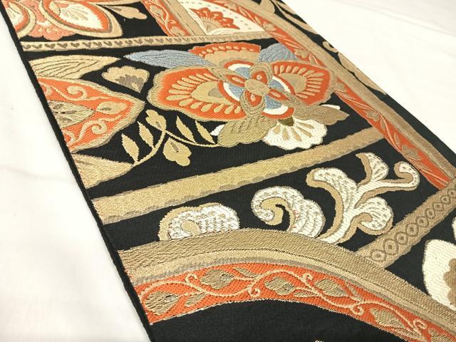 平和屋着物◎六通柄袋帯 唐織 更紗花文 黒地 金糸 正絹 逸品 AABJ0534yx