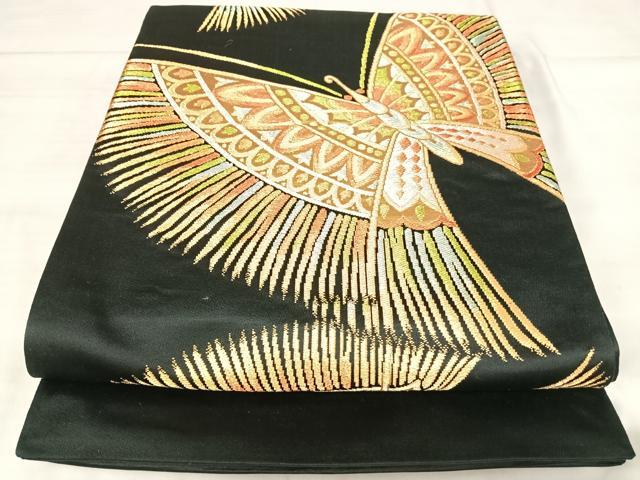 平和屋着物◎六通柄袋帯 舞蝶文 黒地 金銀糸 正絹 逸品 AABJ0538yx