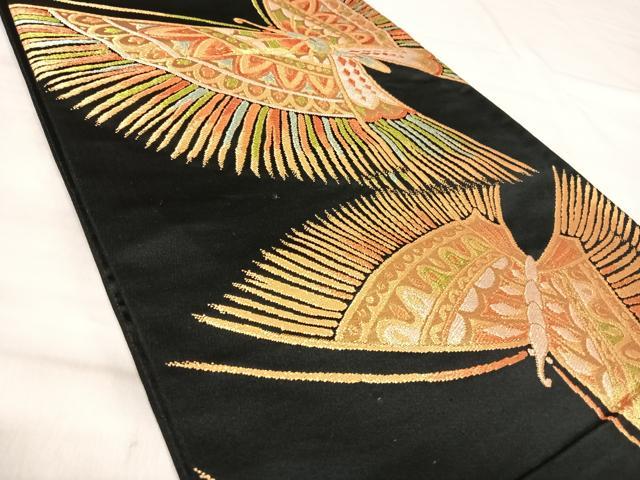 平和屋着物◎六通柄袋帯 舞蝶文 黒地 金銀糸 正絹 逸品 AABJ0538yx