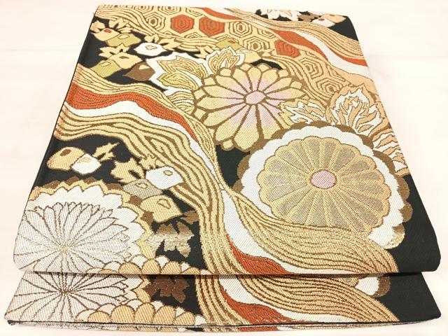 平和屋着物◎六通柄袋帯 草花文 黒地 金銀糸 正絹 逸品 AABJ0540yx