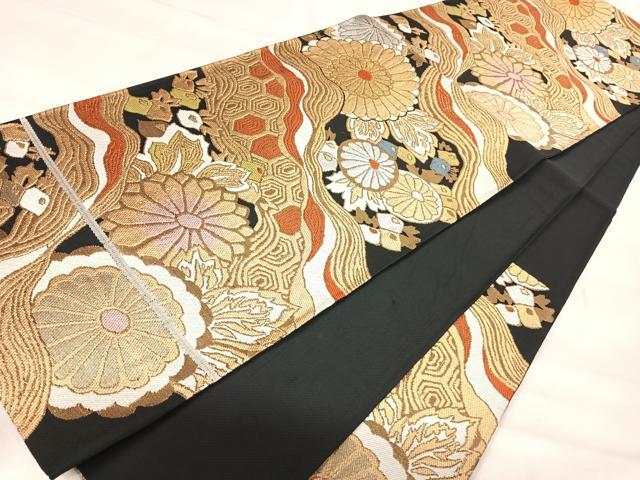 平和屋着物◎六通柄袋帯 草花文 黒地 金銀糸 正絹 逸品 AABJ0540yx