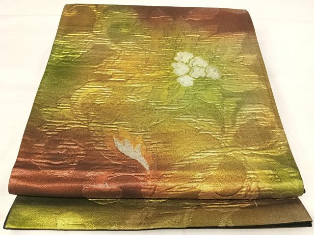 平和屋着物◎六通柄袋帯 ふくれ織 更紗花文 金糸 正絹 逸品 AABJ0542yx