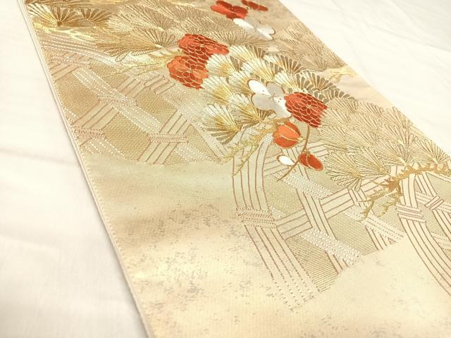 平和屋着物◎太鼓柄袋帯 駒刺繍 梅松文 金糸 引箔 正絹 逸品 AABJ0564yx