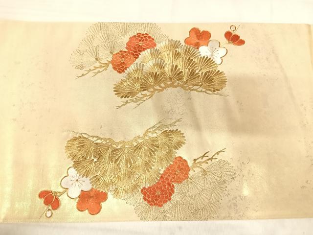 平和屋着物◎太鼓柄袋帯 駒刺繍 梅松文 金糸 引箔 正絹 逸品 AABJ0564yx