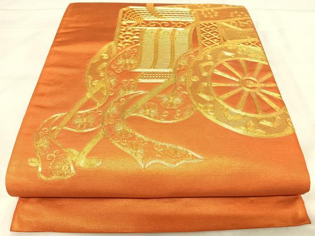 平和屋着物◎太鼓柄袋帯 駒刺繍 御所車花文 正絹 逸品 AABJ0642yx