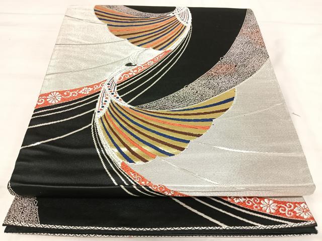 平和屋着物◎六通柄袋帯 唐織 孔雀文 黒地 金銀糸 正絹 逸品 AABJ0658yx