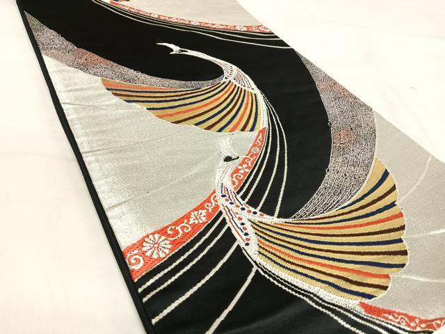 平和屋着物◎六通柄袋帯 唐織 孔雀文 黒地 金銀糸 正絹 逸品 AABJ0658yx