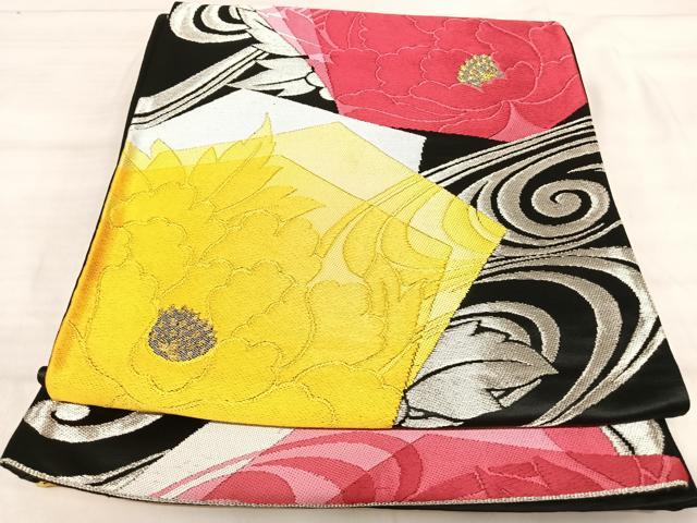 平和屋着物◎六通柄袋帯 唐織 牡丹 黒地 金銀糸 正絹 逸品 AABJ0661yx