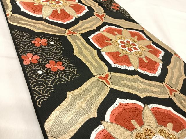 平和屋着物◎六通柄袋帯 唐織 飾花文 黒地 金糸 正絹 逸品 AABJ0667yx