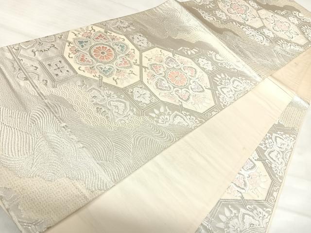 平和屋着物◎六通柄袋帯 唐織 立波蜀江花文 銀糸 正絹 逸品 AABJ0675yx