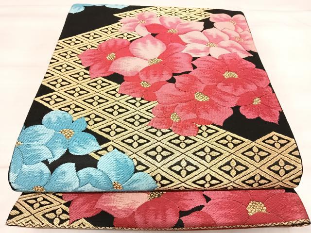 平和屋着物◎六通柄袋帯 唐織 舞花文 黒地 金糸 正絹 逸品 AABJ0679yx