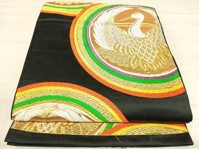 平和屋着物◎六通柄袋帯 唐織 鶴 黒地 金銀糸 正絹 逸品 AABJ0681yx