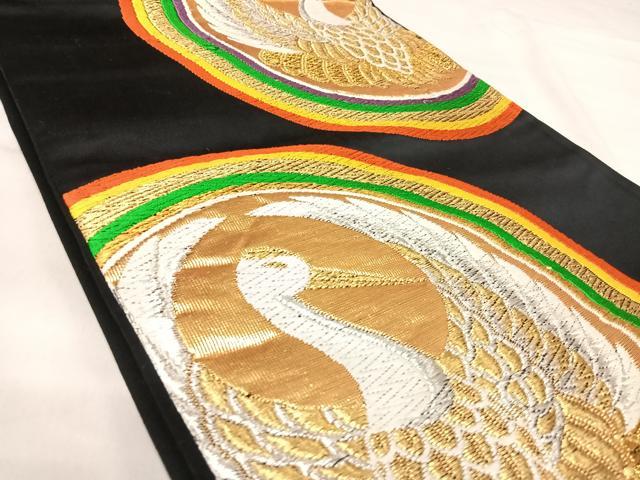 平和屋着物◎六通柄袋帯 唐織 鶴 黒地 金銀糸 正絹 逸品 AABJ0681yx