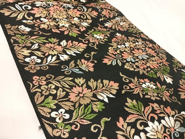 平和屋着物◎西陣まいづる謹製 六通柄 本袋帯 飾花文 黒地 金糸 正絹 逸品 AABJ0684yx