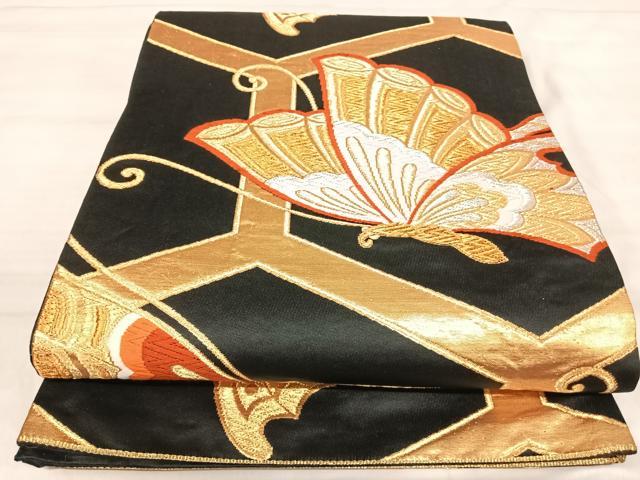 平和屋着物◎六通柄袋帯 唐織 舞蝶文 黒地 金銀糸 正絹 逸品 AABJ0686yx