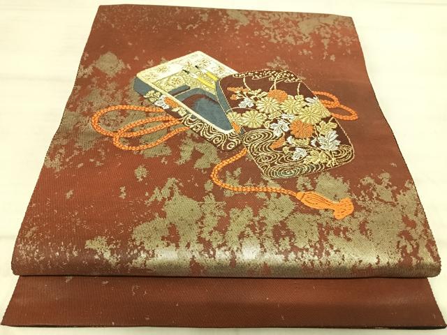 平和屋着物◎太鼓柄袋帯 唐織 花文箱文 金銀糸 引箔 正絹 逸品 AABJ0689yx