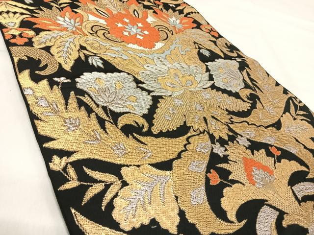 平和屋着物◎六通柄 本袋帯 唐織 飾花文 黒地 金銀糸 正絹 逸品 AABJ0696yx