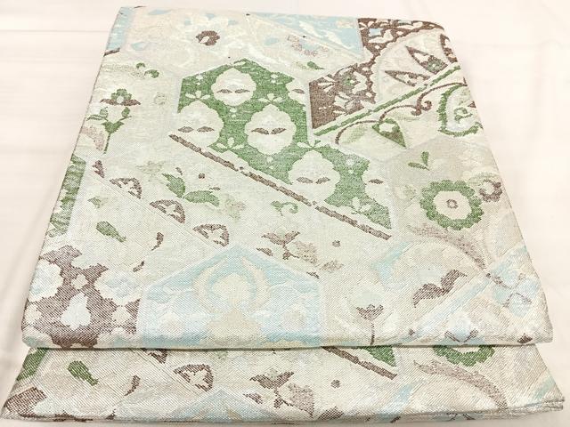 平和屋着物◎佐賀錦 六通柄袋帯 幾何学花文 銀糸 正絹 逸品 AABJ0700yx