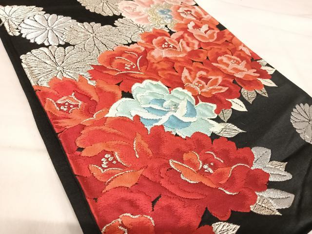 平和屋着物◎六通柄袋帯 唐織 花づくし 黒地 金銀糸 正絹 逸品 AABJ0703yx
