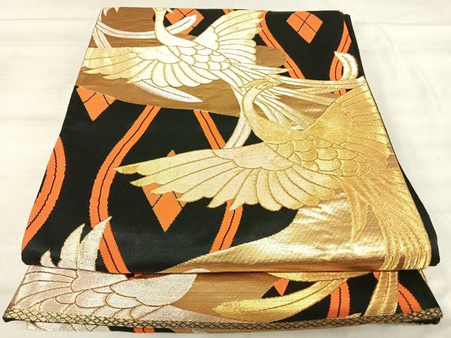 平和屋着物◎六通柄袋帯 飛鶴文 黒地 金糸 正絹 逸品 AABJ0704yx