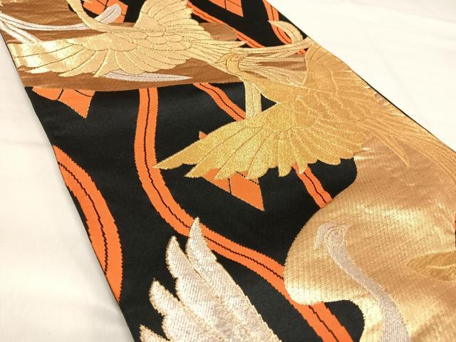 平和屋着物◎六通柄袋帯 飛鶴文 黒地 金糸 正絹 逸品 AABJ0704yx