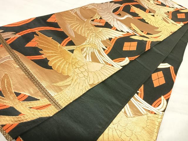 平和屋着物◎六通柄袋帯 飛鶴文 黒地 金糸 正絹 逸品 AABJ0704yx