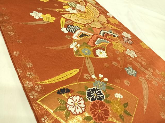 平和屋着物◎六通柄袋帯 唐織 花蝶文 金糸 正絹 逸品 AABJ0708yx