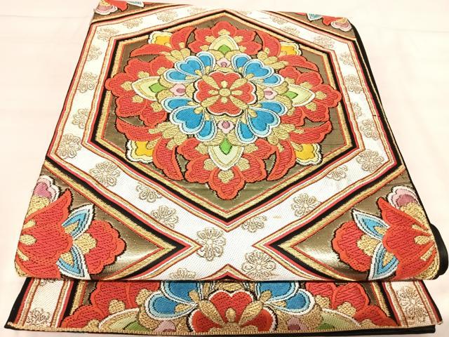 平和屋着物◎六通柄袋帯 唐織 亀甲花文 金糸 正絹 逸品 AABJ0712yx