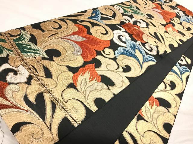 平和屋着物◎西陣 六通柄 京本袋帯 更紗唐草文 黒地 金糸 正絹 逸品 AABJ0717yx