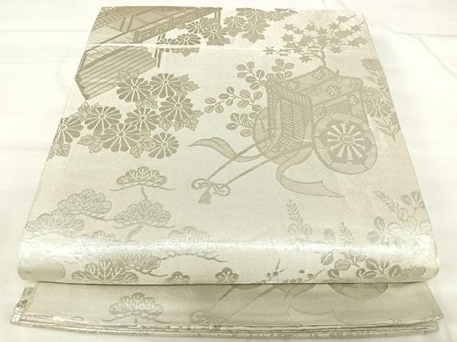 平和屋着物◎両面 全通柄袋帯 唐織 孔雀花文 銀糸 正絹 逸品 AABJ0733yx