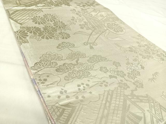平和屋着物◎両面 全通柄袋帯 唐織 孔雀花文 銀糸 正絹 逸品 AABJ0733yx