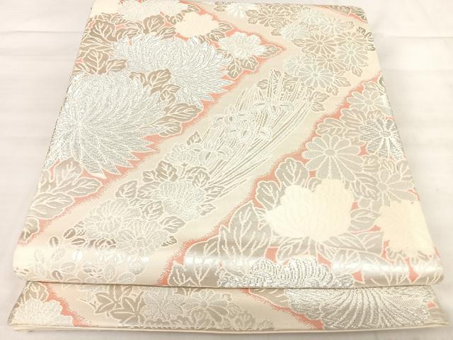 平和屋着物◎六通柄袋帯 草花文 銀糸 正絹 逸品 AABJ0735yx
