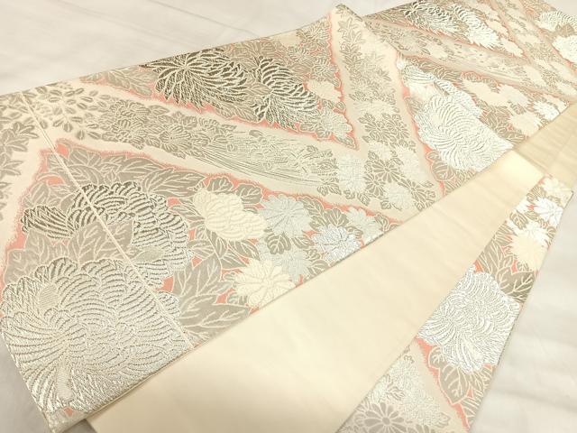 平和屋着物◎六通柄袋帯 草花文 銀糸 正絹 逸品 AABJ0735yx