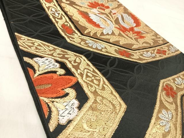 平和屋着物◎六通柄袋帯 唐織 双鳥更紗花文 黒地 金銀糸 正絹 逸品 AABJ0740yx