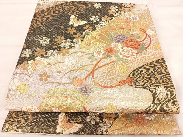 平和屋着物◎佐賀錦 六通柄袋帯 唐織 檜扇花文 金銀糸 正絹 逸品 AABJ0747yx