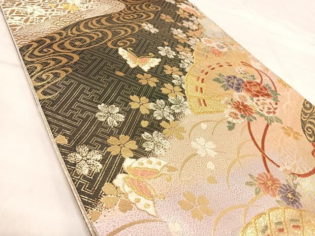 平和屋着物◎佐賀錦 六通柄袋帯 唐織 檜扇花文 金銀糸 正絹 逸品 AABJ0747yx