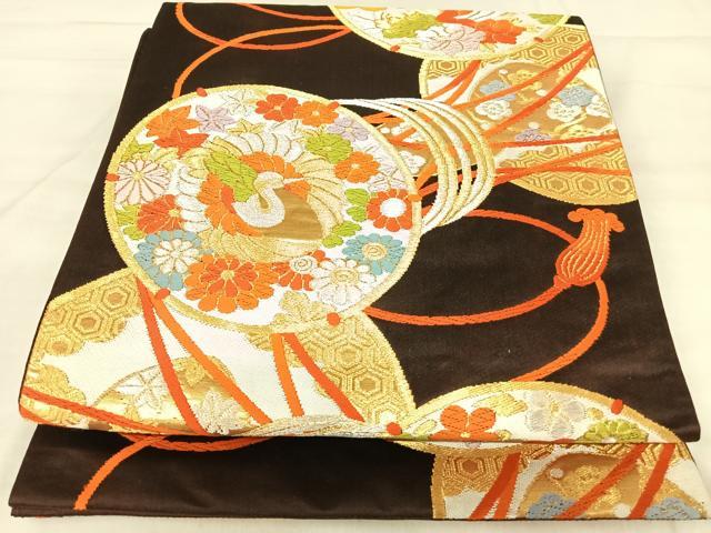 平和屋着物◎六通柄袋帯 唐織 花鼓 鶴 金銀糸 正絹 逸品 AABJ0750yx