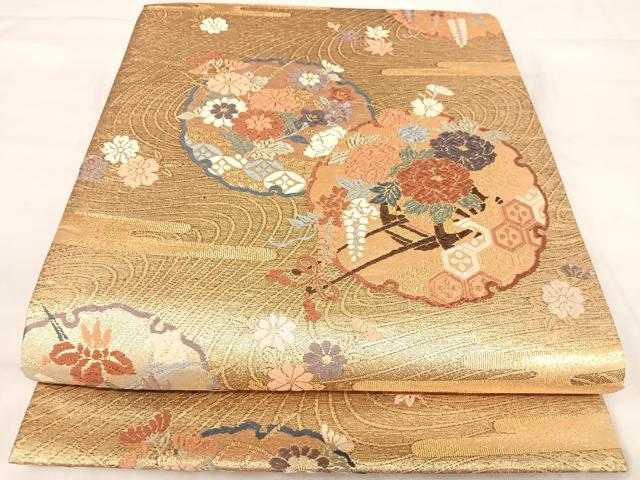 平和屋着物◎六通柄袋帯 唐織 雪輪花車文 金糸 正絹 逸品 AABJ0752yx