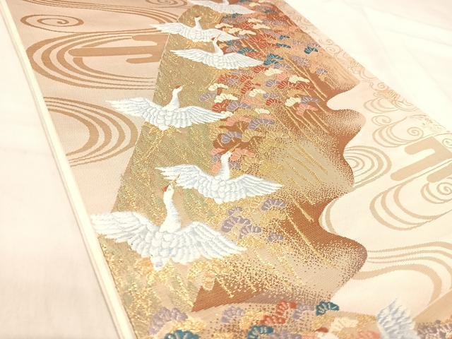 平和屋着物◎六通柄袋帯 唐織 飛鶴流水松文 金糸 正絹 逸品 AABJ0754yx