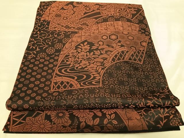 平和屋着物◎全通柄袋帯 地紙花車文 黒地 正絹 逸品 AABJ0758yx