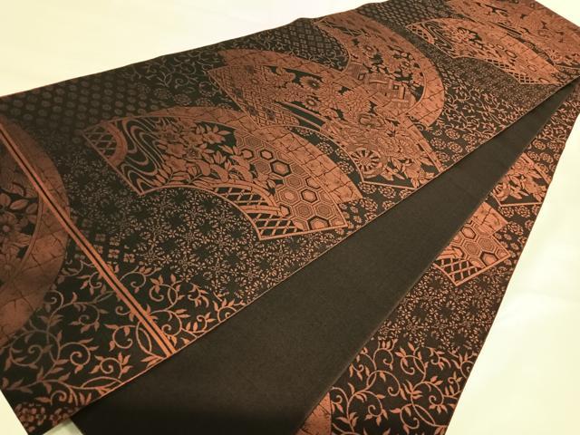 平和屋着物◎全通柄袋帯 地紙花車文 黒地 正絹 逸品 AABJ0758yx